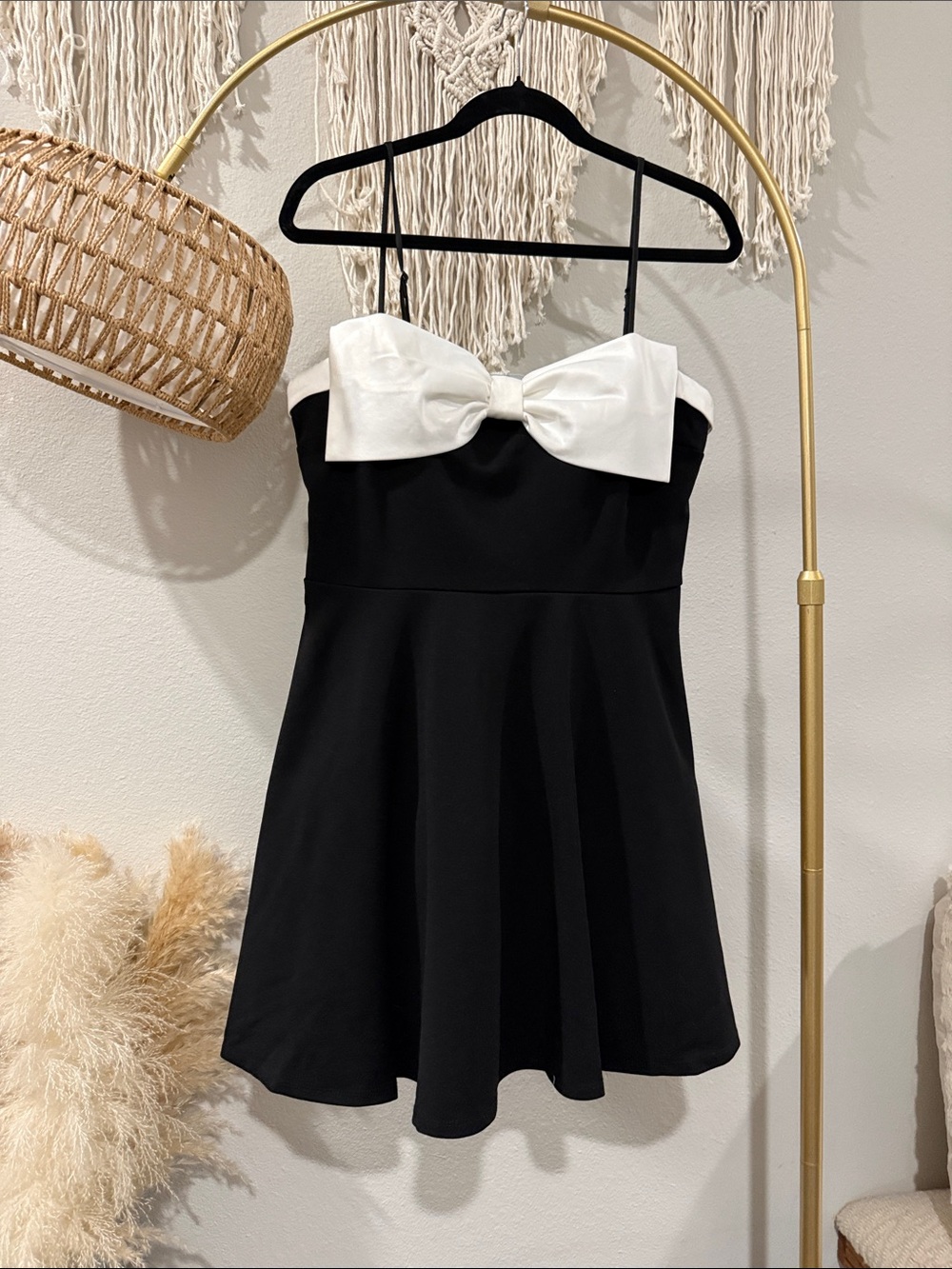 Black Mini Dress with White Bow Accent